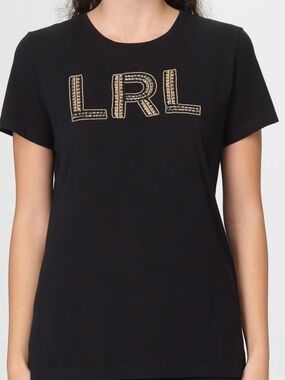 Ralph Lauren Black Tee Gold Beaded LRL Logo Luxe Casual